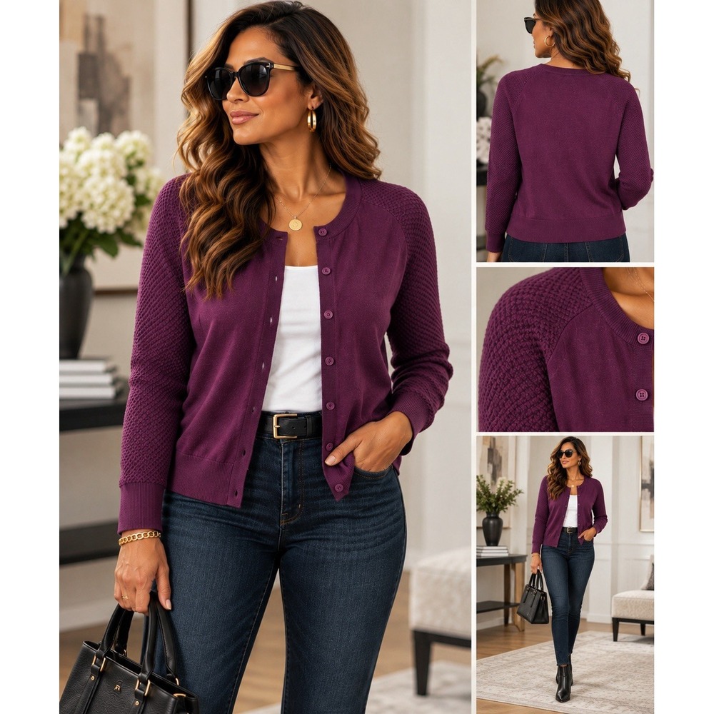 Women's Plum Purple Cardigan L Cotton Wool Blend Textured Sleeve Button Sweater